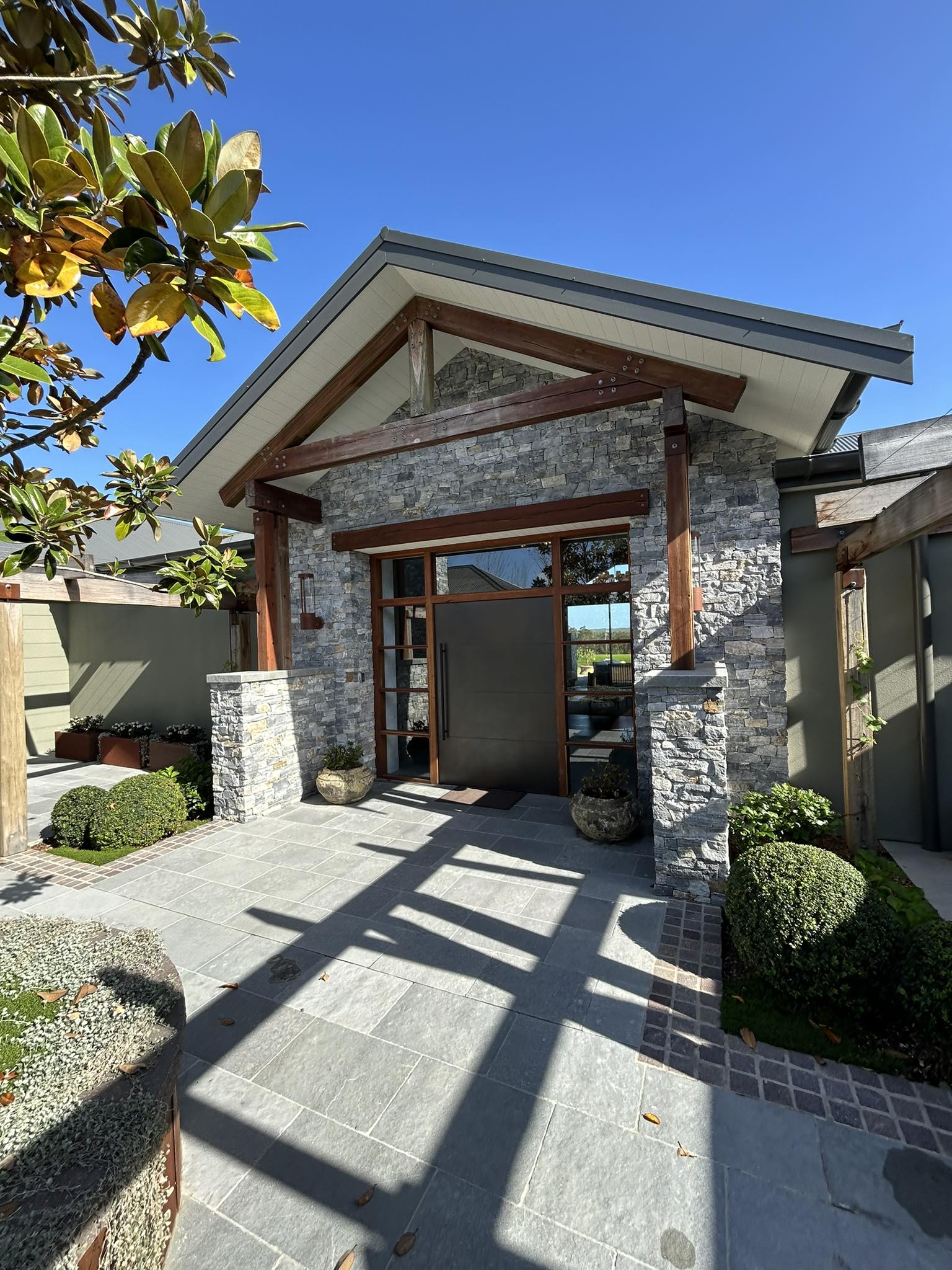 Modern home exterior at dusk